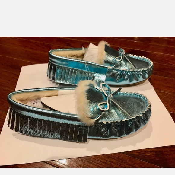 J.CREW GIRLS' METALLIC MOCCASINS SIZE K5 METALLIC BLUE J8032 - Picture 1 of 8